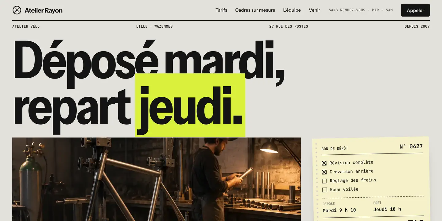 Nouveau site de l'Atelier Rayon : titre Déposé mardi, repart jeudi., photo de l'atelier et bon de dépôt avec le prix annoncé, bouton Appeler l'atelier