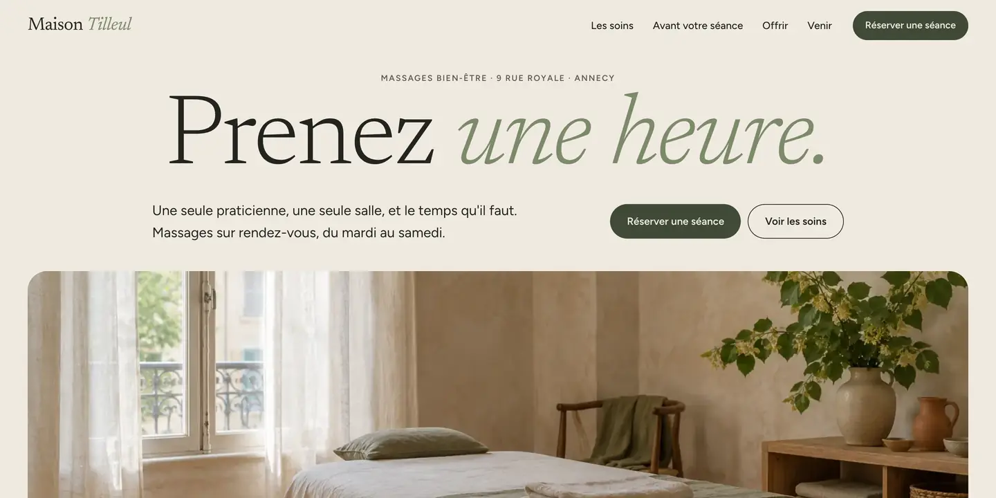 Nouveau site de la Maison Tilleul : titre Prenez une heure., photo de la salle de massage en lumière du matin, bouton Réserver une séance
