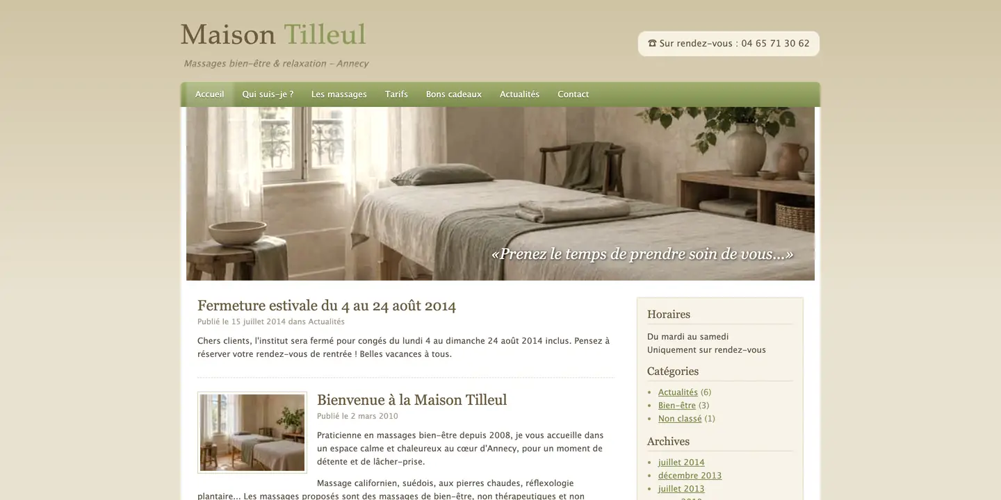 Ancien site de la Maison Tilleul, un blog de 2010 : bandeau sépia, annonce de la fermeture d'août 2014 en premier, tarifs 2013, bon cadeau à commander par courrier
